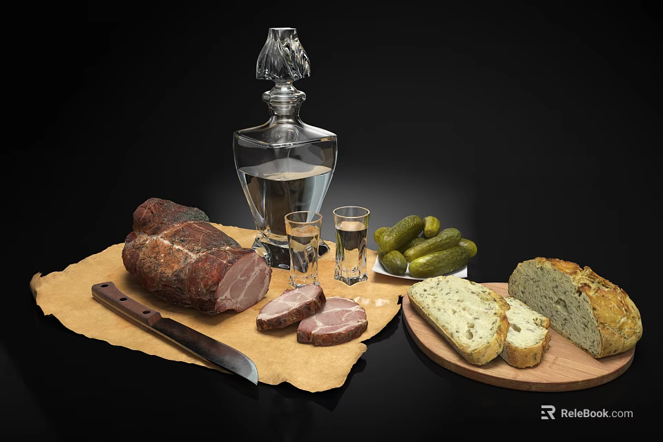 Delicious Smoked Ham Slices With Pickles Bread And Liquor Glasses 3d model 