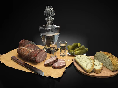 Delicious Smoked Ham Slices With Pickles Bread And Liquor Glasses 3d model