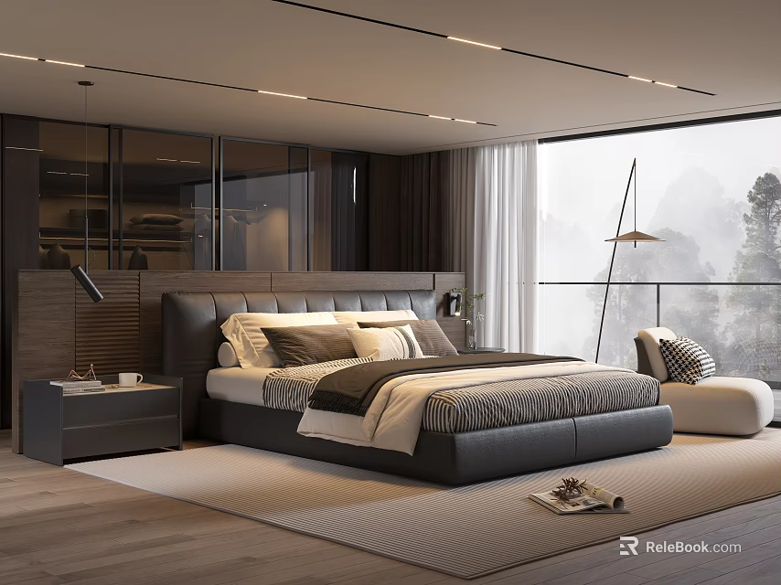 Modern Bedroom Interior With Large Window Mountain View Comfortable Bed And Light Rug 3d model 