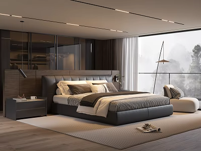 Modern Bedroom Interior With Large Window Mountain View Comfortable Bed And Light Rug 3d model