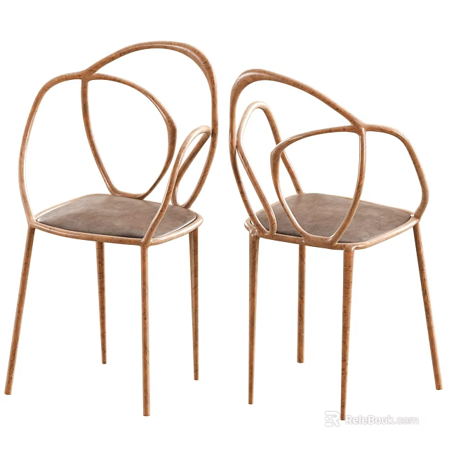 Modern Dining Chairs With Curved Metal Frame Circular Armrests And Brown Padded Seat 3d model 