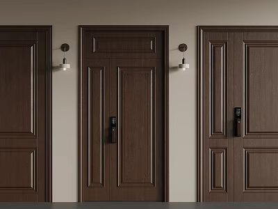 Modern Brown Wooden Doors With Panel Design Door Lock And Wall Lamps 3d model