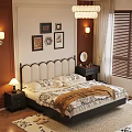 Cozy Elegant Bedroom Interior With Beige Headboard Decorative Paintings And Nightstand Lamp