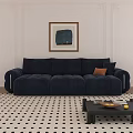 Navy Blue Velvet Three Seater Sofa with Orange Accent Pillows and Abstract Wall Art