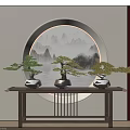 Chinese Style Console Table With Bonsai Pine Trees And Circular Landscape Painting