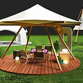 Various Types Of White Tents On Green Lawn With Conical Round Top And Wooden Bases