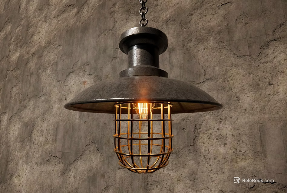 Industrial Style Metal Pendant Light With Cage Shade And Lit Bulb Against Rough Textured Wall 3d model 