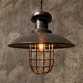 Industrial Style Metal Pendant Light With Cage Shade And Lit Bulb Against Rough Textured Wall