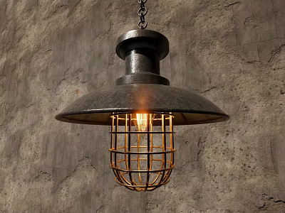 Industrial Style Metal Pendant Light With Cage Shade And Lit Bulb Against Rough Textured Wall 3d model