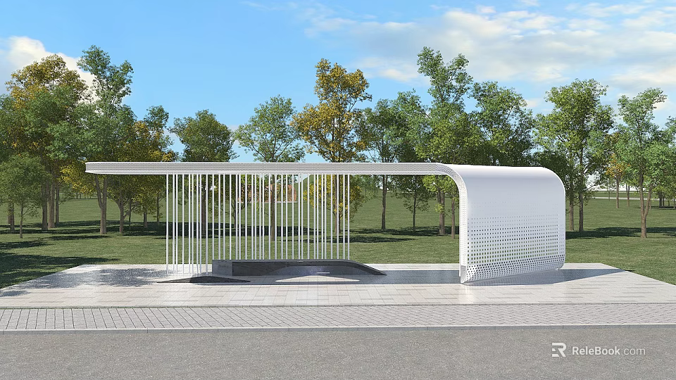Modern White Pergola Structure With Striped Panels In Landscaped Outdoor Area 3d model 