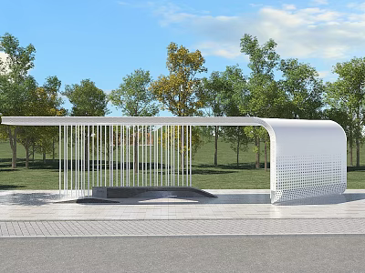 Modern White Pergola Structure With Striped Panels In Landscaped Outdoor Area 3d model