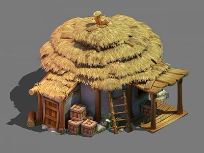 Ancient Building With Thatched Roof Wooden Door Ladder Crates And Shed 3d model