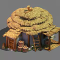 Ancient Building With Thatched Roof Wooden Door Ladder Crates And Shed