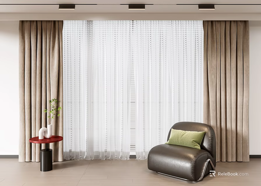 Modern Window Curtains With White Sheer And Beige Panels Leather Accent Chair Side Table 3d model 