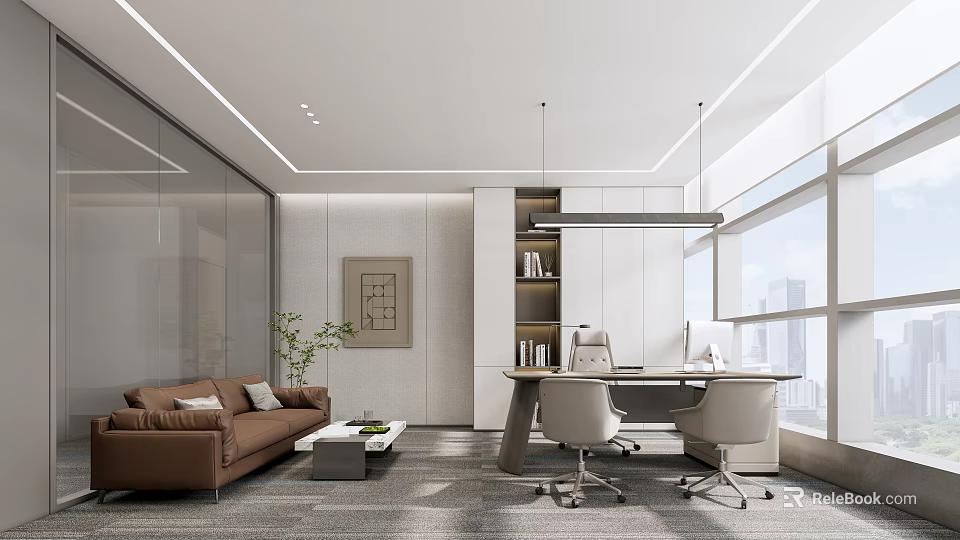 Modern Office Interior Design With Sofa Desk Chairs Bookshelf Window City View And Plant 3d model 