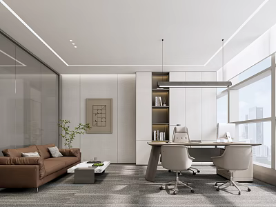 Modern Office Interior Design With Sofa Desk Chairs Bookshelf Window City View And Plant 3d model
