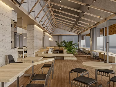Modern Restaurant Interior With Exposed Wooden Beams Long Tables And Indoor Plants 3d model
