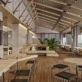 Modern Restaurant Interior With Exposed Wooden Beams Long Tables And Indoor Plants