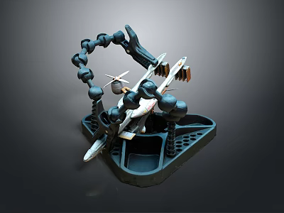 3D Robotic Creature Model With Mechanical Arm Chain Parts And Aircraft On Base 3d model