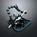 3D Robotic Creature Model With Mechanical Arm Chain Parts And Aircraft On Base