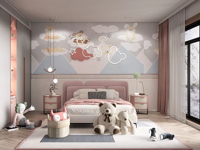 Kids Room Interior With Cloud Star Animal Wall Decor Pink Headboard And Teddy Bears 3d model