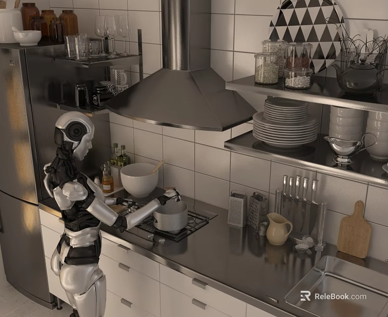 Robot Using Stainless Steel Kitchen Utensils On Modern Counter With Pot Knives Plates And Glassware 3d model 