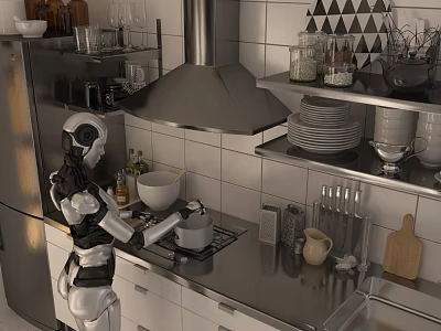 Robot Using Stainless Steel Kitchen Utensils On Modern Counter With Pot Knives Plates And Glassware 3d model