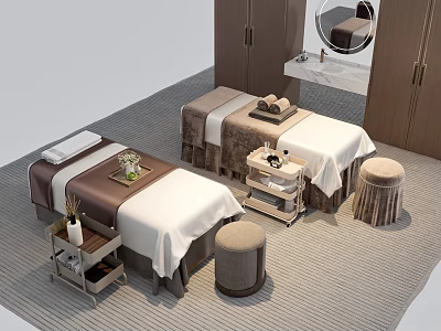 Comfortable Massage Beds In Elegant Spa Room With Side Tables And Stools 3d model
