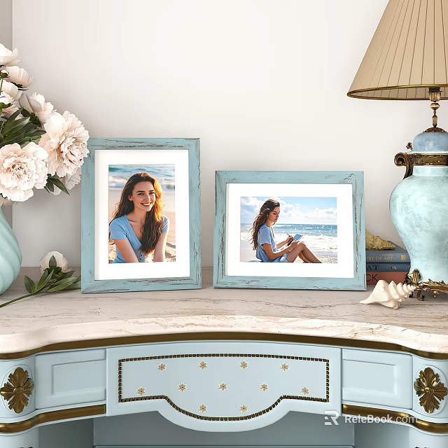 Two Decorative Light Blue Photo Frames With Seaside Photos On Dresser With Flowers And Seashells 3d model 