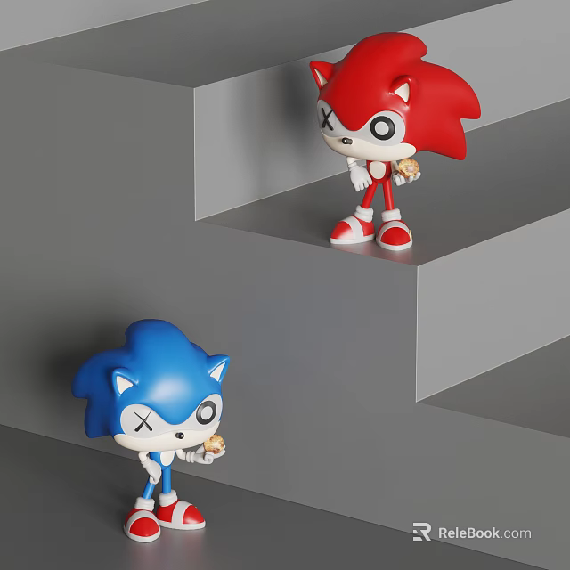 Cute Red and Blue Cartoon Character Sculptures Standing on Gray Steps Design 3d model 