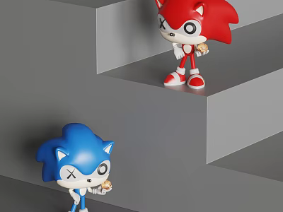 Cute Red and Blue Cartoon Character Sculptures Standing on Gray Steps Design 3d model