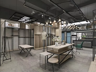 Stylish Modern Clothing Store Interior With Display Racks Tables And Chandeliers 3d model