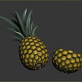 Fresh Ripe Pineapple With Green Leafy Top Whole And Half Cut Juicy Flesh