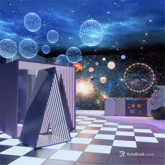 Starry Sky Themed Exhibition Space with Illuminated Spheres Geometric Structure Astronaut Doll And Checkered Floor 3d model 