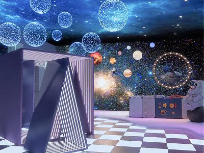 Starry Sky Themed Exhibition Space with Illuminated Spheres Geometric Structure Astronaut Doll And Checkered Floor 3d model