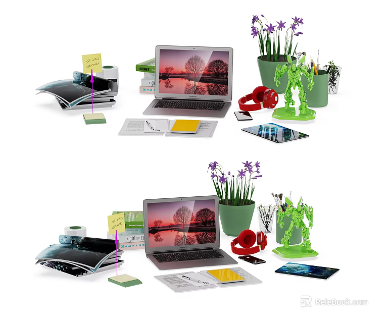 Modern Laptop Setup With Office Supplies Potted Plants And Desktop Accessories 3d model 