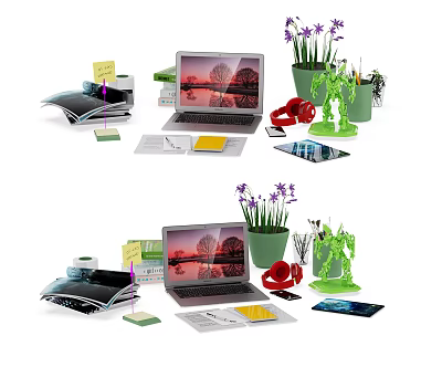 Modern Laptop Setup With Office Supplies Potted Plants And Desktop Accessories 3d model
