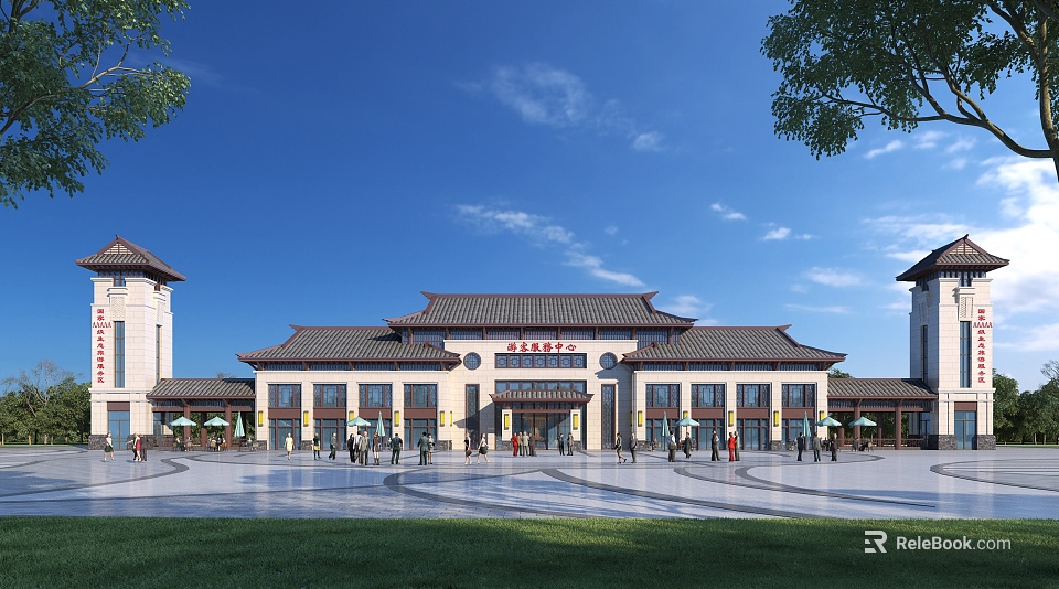 Traditional Chinese Style Tourist Center With Open Plaza Greenery And Visitors Walking Around 3d model 