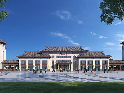 Traditional Chinese Style Tourist Center With Open Plaza Greenery And Visitors Walking Around 3d model