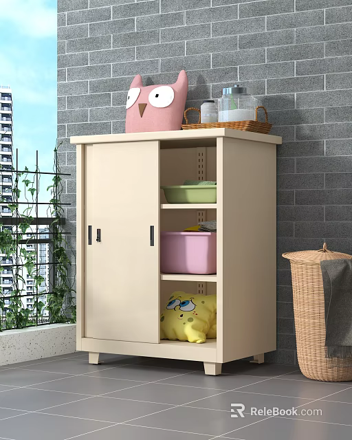 Beige Storage Cabinet with Owl Plush Wicker Basket Pink Box and Yellow Plush on Balcony 3d model 