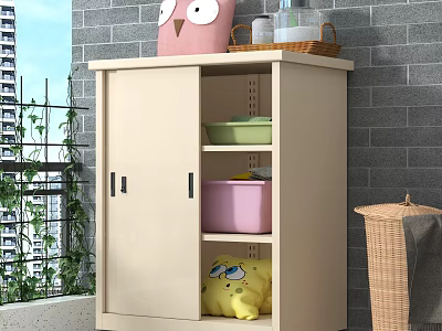 Beige Storage Cabinet with Owl Plush Wicker Basket Pink Box and Yellow Plush on Balcony 3d model