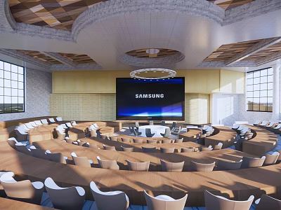 Modern Conference Room Interior With Samsung Screen Circular Tables Unique Ceiling And Natural Light 3d model