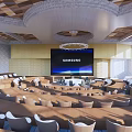 Modern Conference Room Interior With Samsung Screen Circular Tables Unique Ceiling And Natural Light