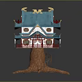 Traditional Multi Tiered Building With Blue Tiled Roof Golden Ornaments And Tree Root Support Base
