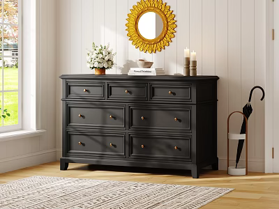 Black Chest of Drawers With White Flowers Candles Golden Decorative Mirror By Window Area Rug 3d model