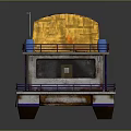Floating Water Vessel With Blue Yellow Canopies Railing Platform And Windows