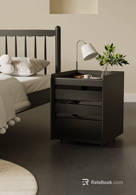 Sleek Black Nightstand With Drawers Featuring White Lamp Green Plants In Vase And Cup 3d model 