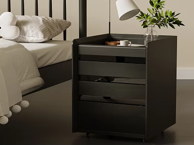Sleek Black Nightstand With Drawers Featuring White Lamp Green Plants In Vase And Cup 3d model