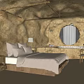 Cave Style Hotel Room With Stone Walls White Canopy Wooden Nightstand Round Window Natural Light