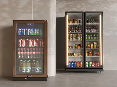 Beverage Display Refrigerators with Glass Doors Illuminated Interior Stocked with Various Canned and Bottled Drinks 3d model